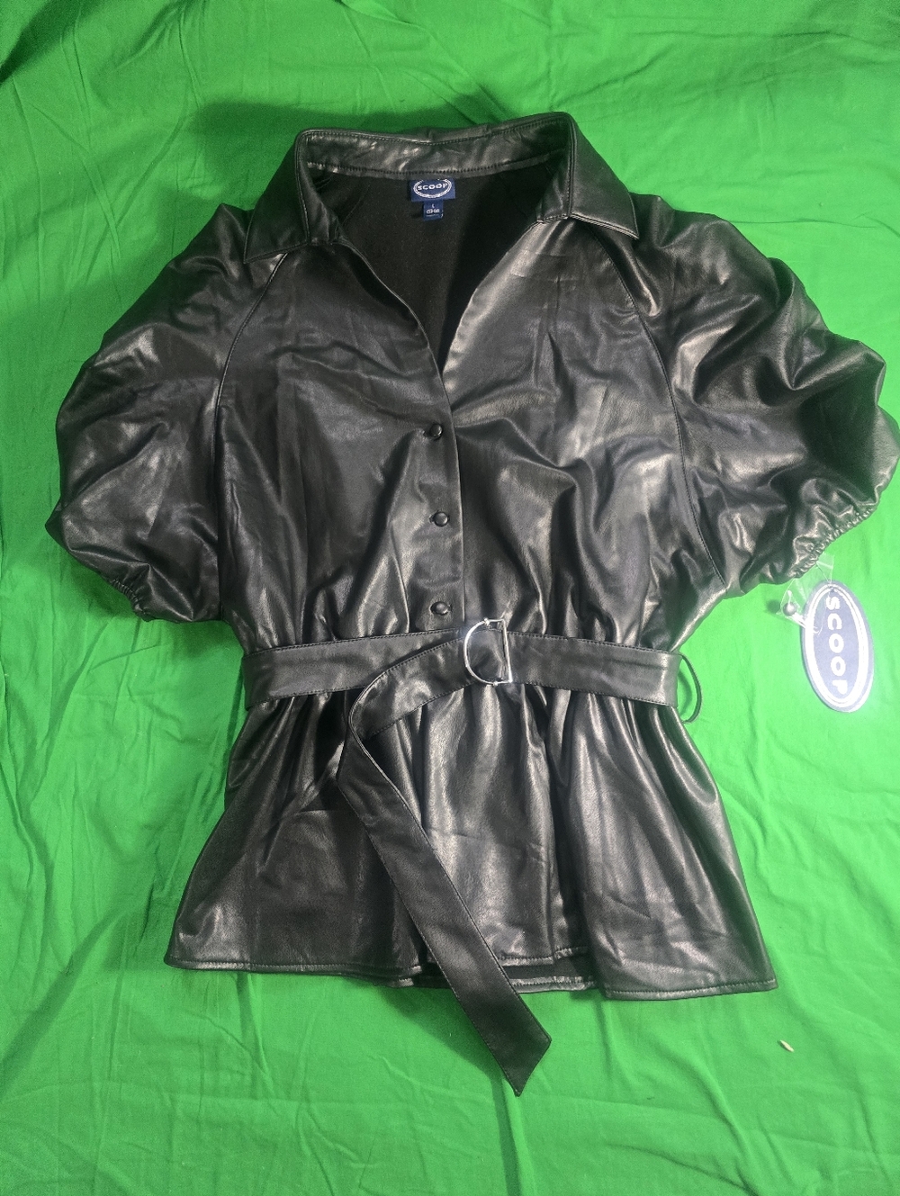 Scoop Black Faux Leather Robe Top Belted Ruched Sleeve Women's Size L New